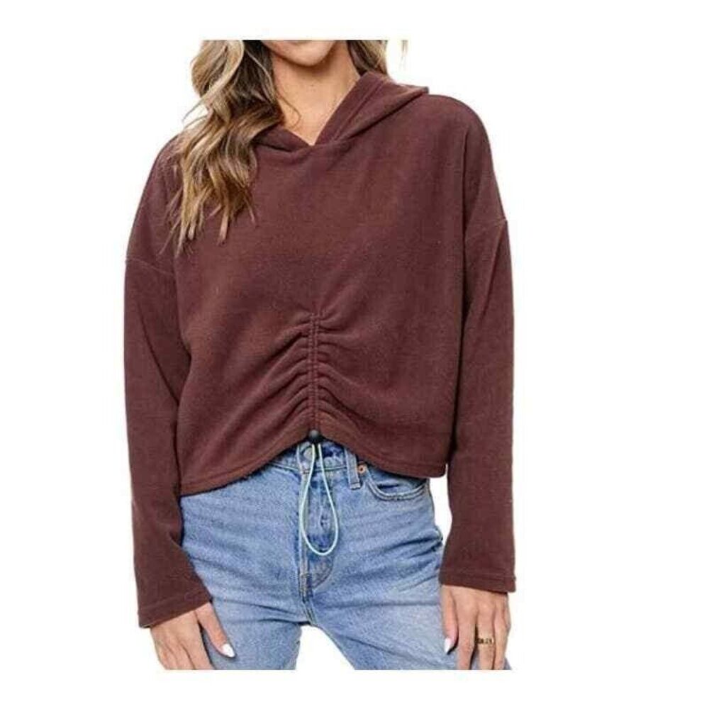Elodie Womens Ruched Front Cropped Hoodie Jacket XS Brown Fleece Long Sleeve NWT